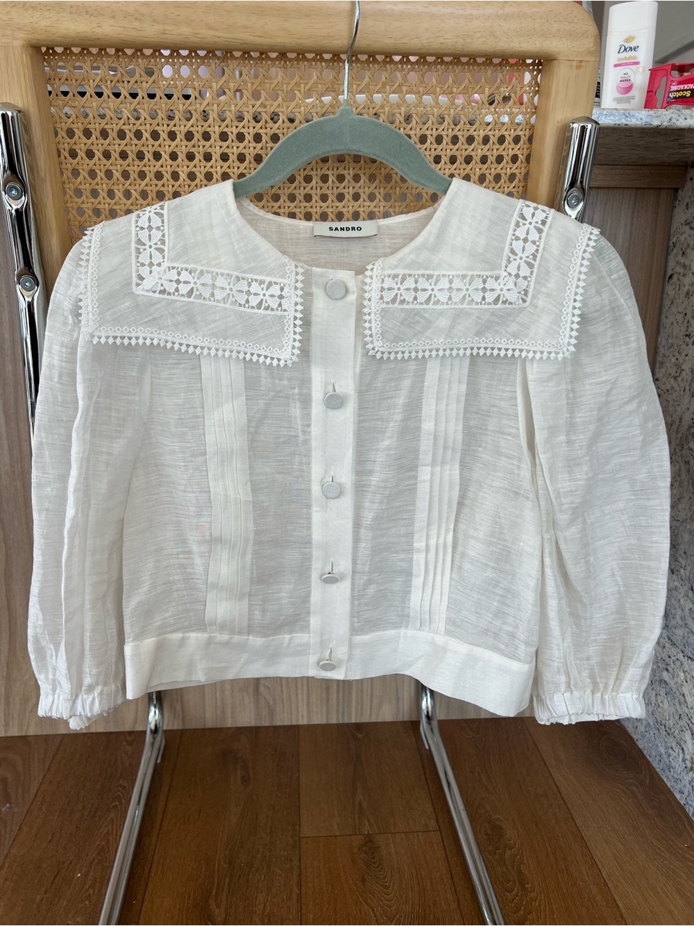 Sandro Ivory Lace-Trim Pintuck Button-Front Blouse